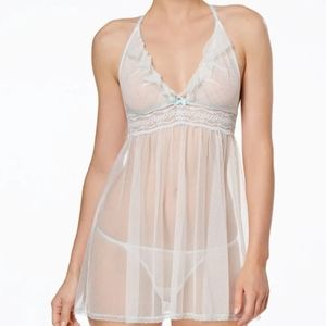 New! Blue by Betsey Johnson Pearl Eyelet Mesh Babydoll with G-String Large